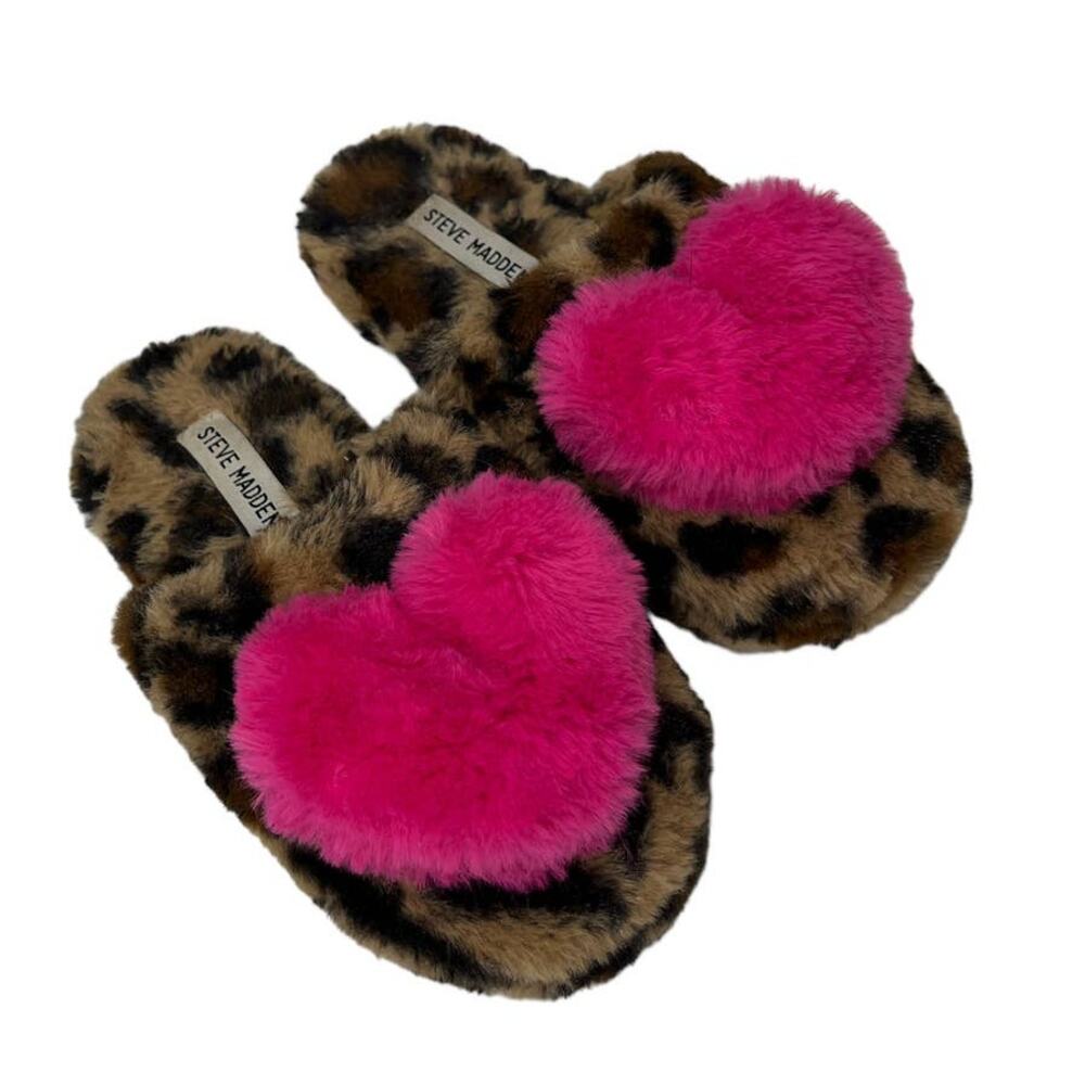 Steve Madden Girls JLUV Faux Fur Leopard Slippers Medium